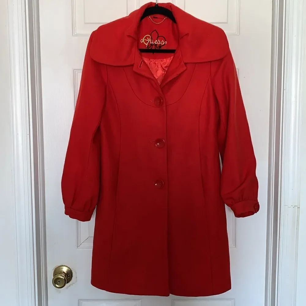Guess Wool Blend Red Peacoat Jacket Size S